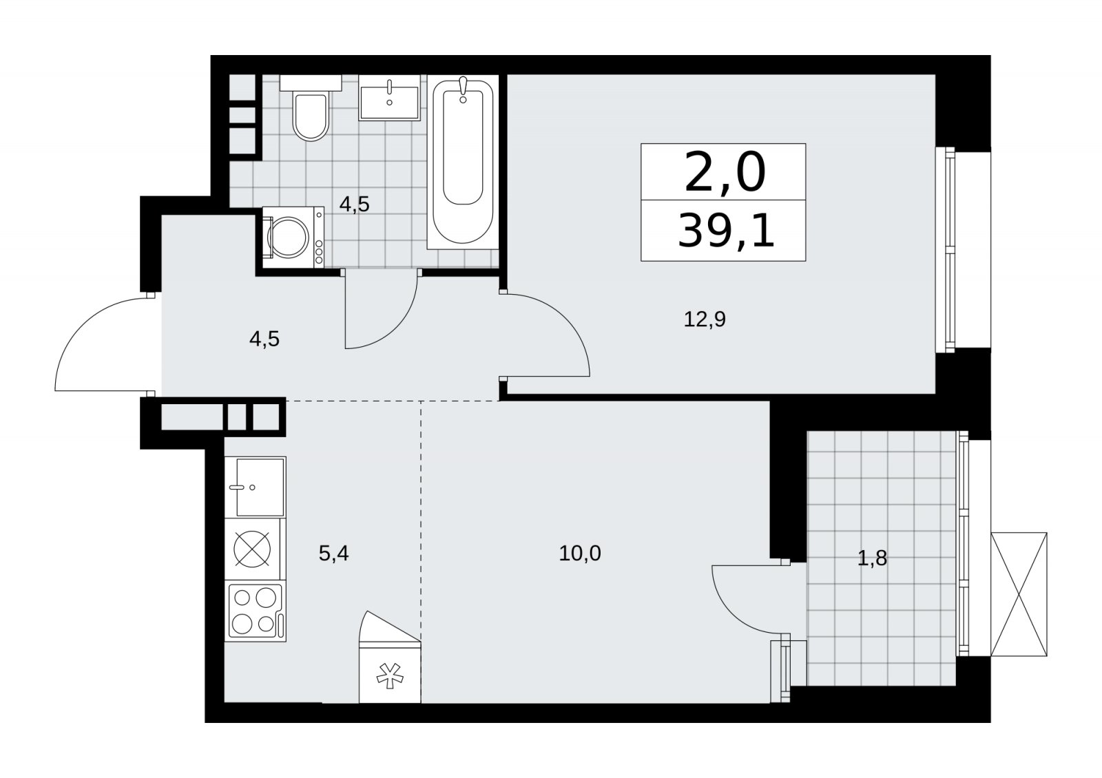 2-комнатная квартира (евро) с частичной отделкой, 39.1 м2, 9 этаж, сдача 1 квартал 2026 г., ЖК Бунинские кварталы, корпус 6.1 - объявление 2252415 - фото №1