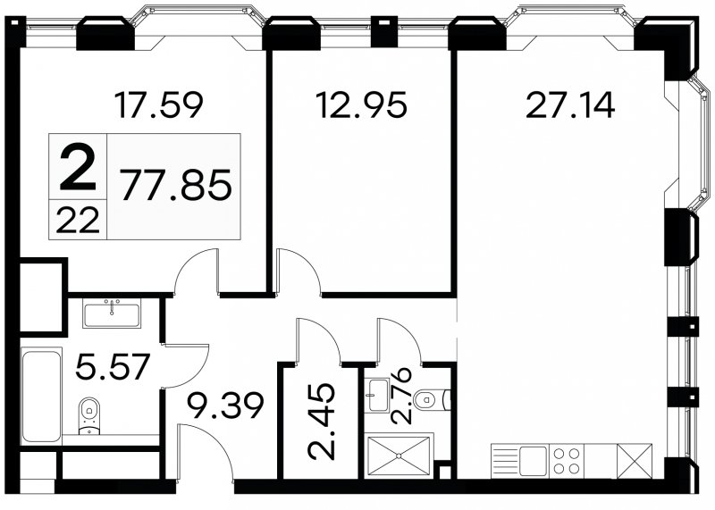 2-комнатные апартаменты с частичной отделкой, 77.85 м2, 3 этаж, сдача 3 квартал 2024 г., ЖК GloraX Aura Белорусская, корпус 1 - объявление 1708621 - фото №1
