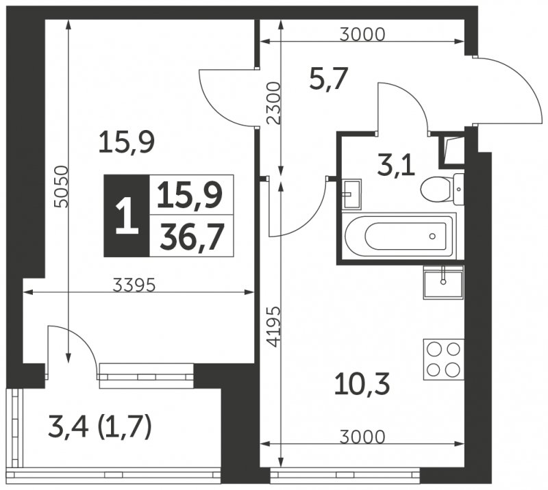 1-комнатная квартира с частичной отделкой, 36.7 м2, 4 этаж, сдача 4 квартал 2023 г., ЖК Архитектор, корпус 1 - объявление 1938385 - фото №1