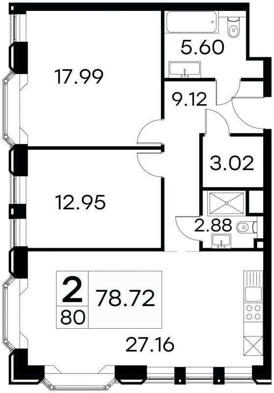 2-комнатные апартаменты с частичной отделкой, 78.72 м2, 8 этаж, сдача 3 квартал 2024 г., ЖК GloraX Aura Белорусская, корпус 1 - объявление 1708735 - фото №1