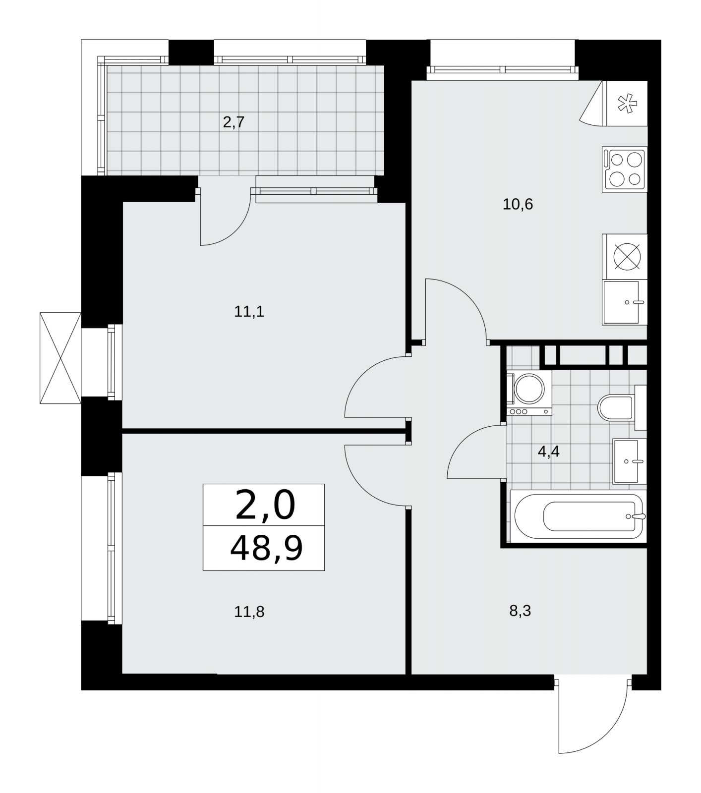 2-комнатная квартира с частичной отделкой, 48.9 м2, 16 этаж, сдача 1 квартал 2026 г., ЖК Бунинские кварталы, корпус 6.1 - объявление 2252493 - фото №1