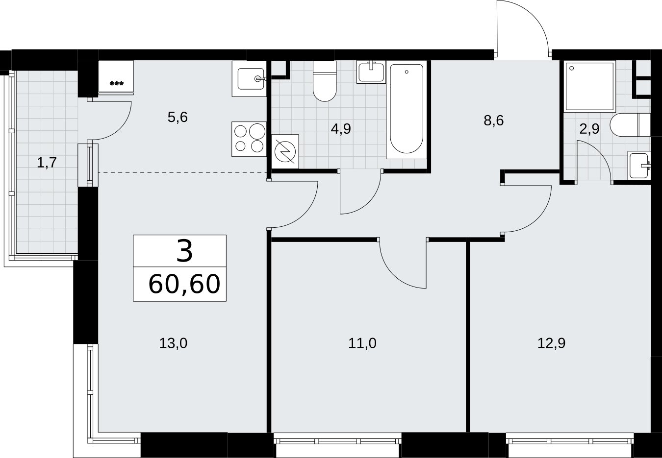 3-комнатная квартира (евро) без отделки, 60.6 м2, 2 этаж, сдача 3 квартал 2026 г., ЖК Родные кварталы, корпус 3.4 - объявление 2378645 - фото №1