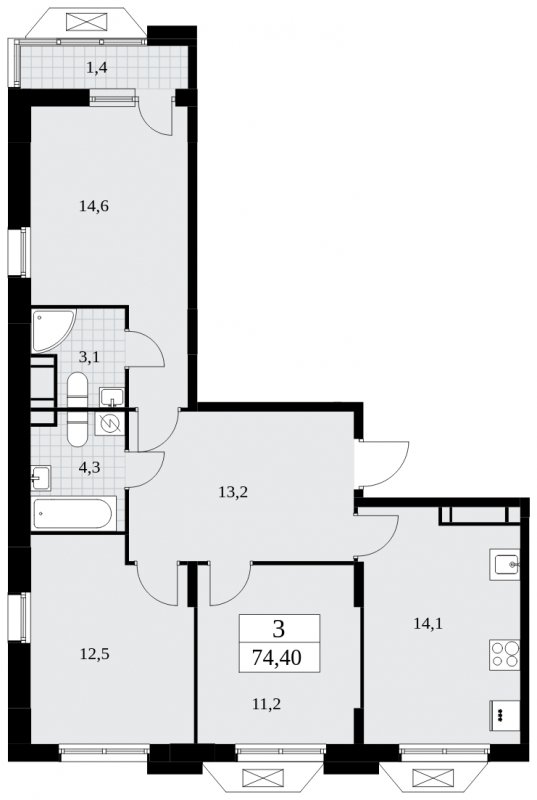 3-комнатная квартира без отделки, 74.4 м2, 16 этаж, сдача 4 квартал 2024 г., ЖК Бунинские кварталы, корпус 1.3 - объявление 1834831 - фото №1