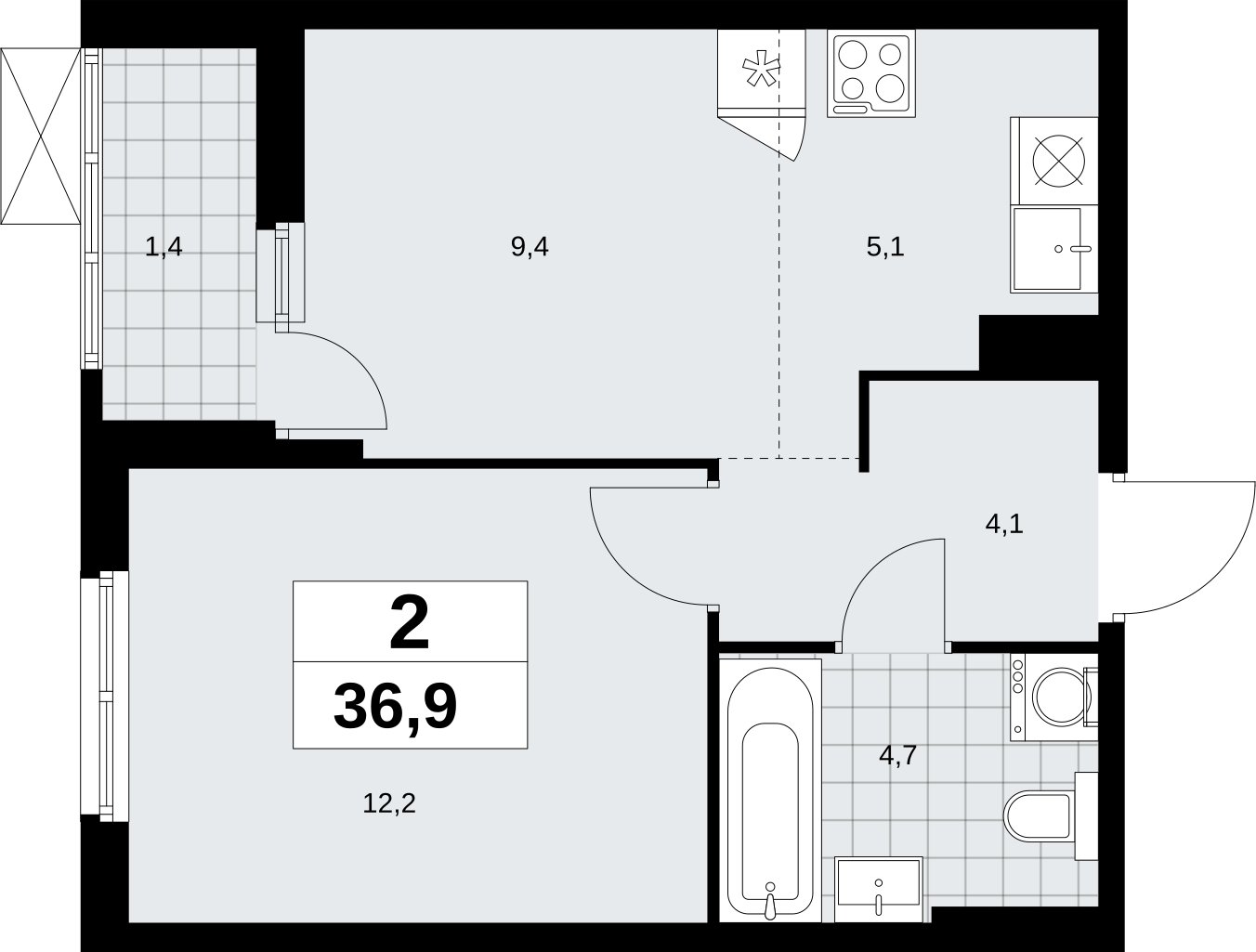 2-комнатная квартира (евро) без отделки, 36.9 м2, 4 этаж, сдача 2 квартал 2026 г., ЖК Дзен-кварталы, корпус 6.1.2 - объявление 2327232 - фото №1