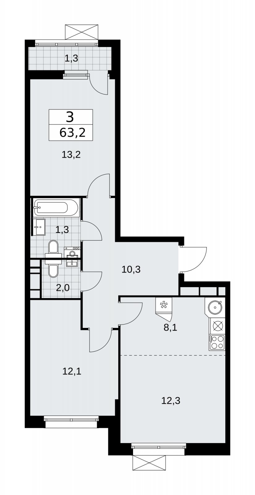 3-комнатная квартира (евро) без отделки, 63.2 м2, 9 этаж, сдача 2 квартал 2026 г., ЖК Скандинавия, корпус 25.5 - объявление 2283712 - фото №1