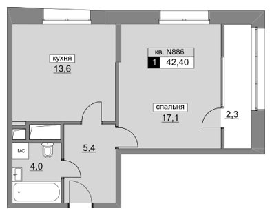 1-комнатная квартира без отделки, 42.4 м2, 5 этаж, сдача 4 квартал 2022 г., ЖК Румянцево-Парк, корпус 3 - объявление 1523105 - фото №1