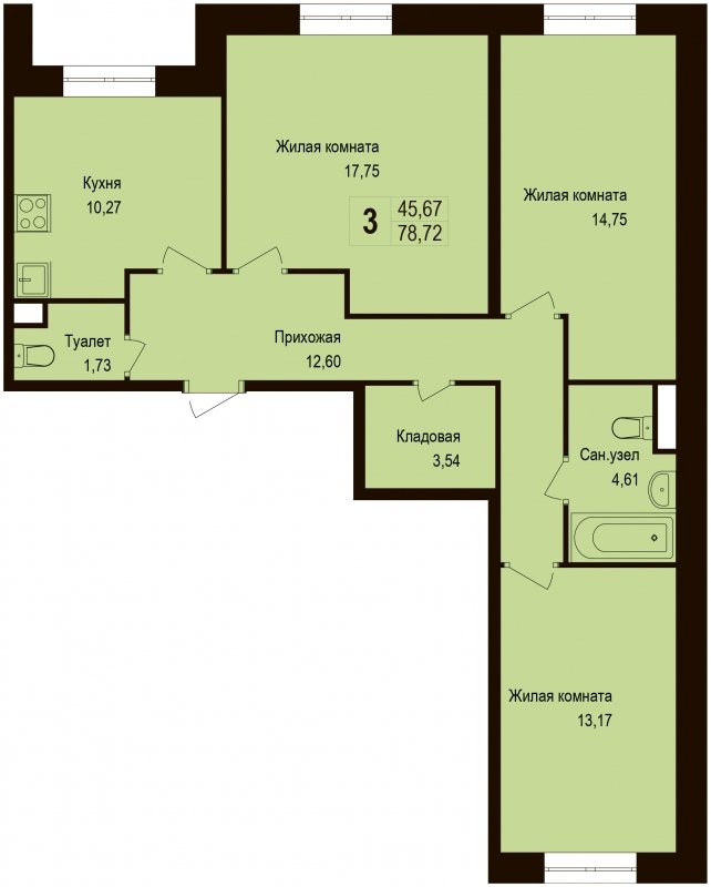 3-комнатная квартира с частичной отделкой, 78.72 м2, 1 этаж, дом сдан, ЖК Новая Щербинка, корпус 10 - объявление 1617241 - фото №1
