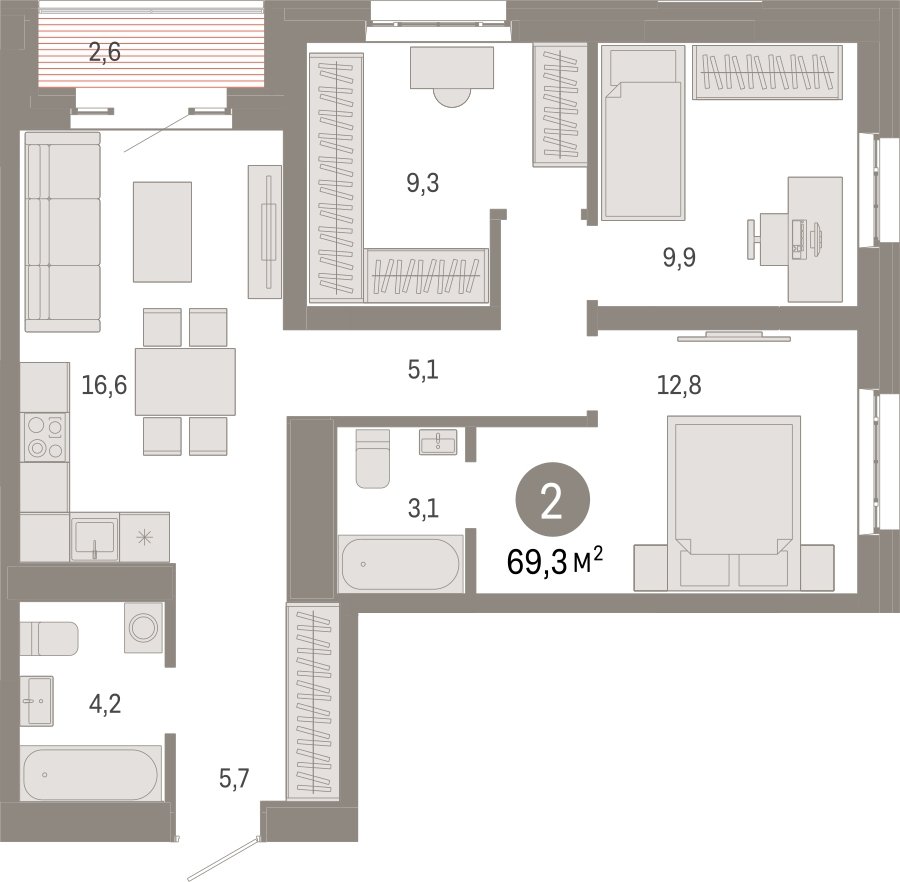 3-комнатная квартира с частичной отделкой, 69.3 м2, 22 этаж, сдача 3 квартал 2026 г., ЖК Квартал Метроном, корпус 1 - объявление 2300746 - фото №1