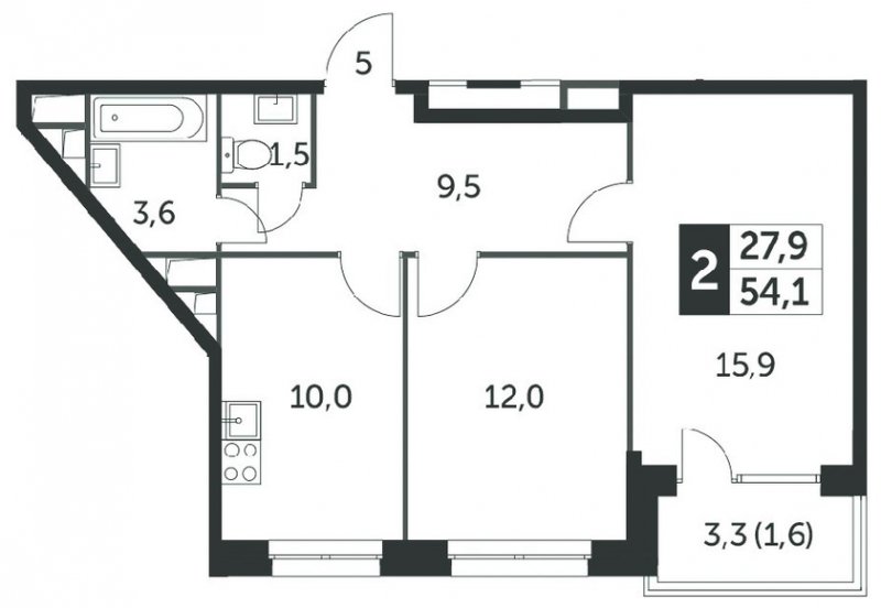 2-комнатная квартира без отделки, 54 м2, 4 этаж, сдача 4 квартал 2023 г., ЖК Датский квартал, корпус 2 - объявление 1568421 - фото №1