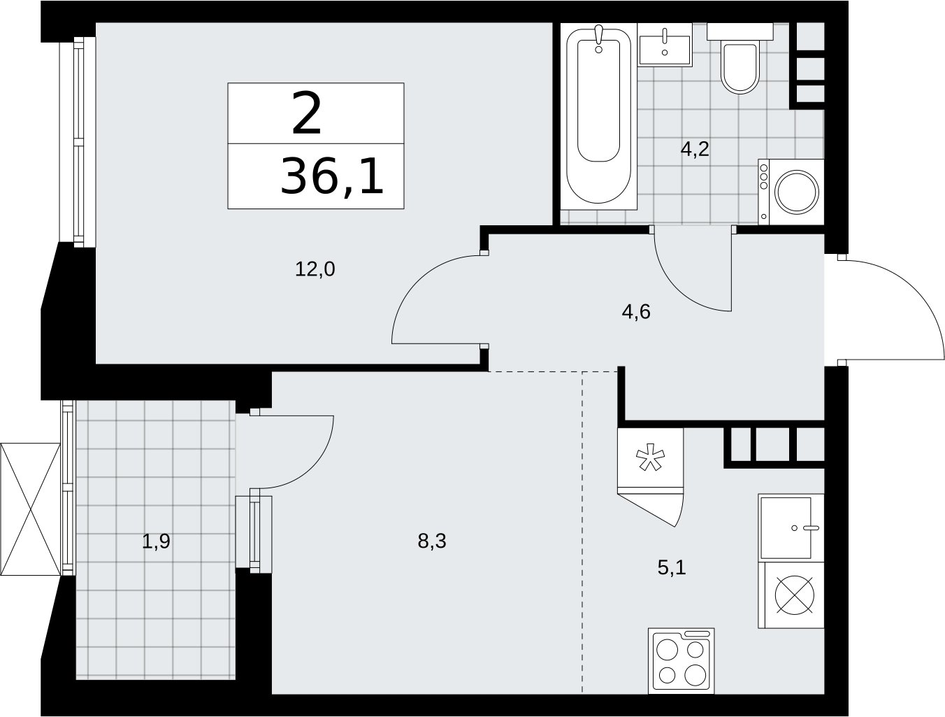 2-комнатная квартира (евро) без отделки, 36.1 м2, 16 этаж, сдача 2 квартал 2026 г., ЖК Бунинские кварталы, корпус 5.2 - объявление 2297438 - фото №1