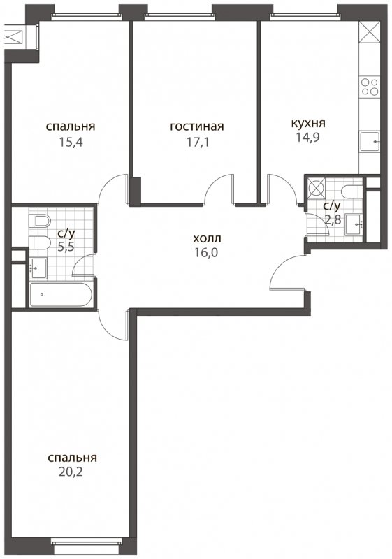 3-комнатная квартира без отделки, 91.9 м2, 8 этаж, дом сдан, ЖК HomeCity, корпус 1 - объявление 1762692 - фото №1