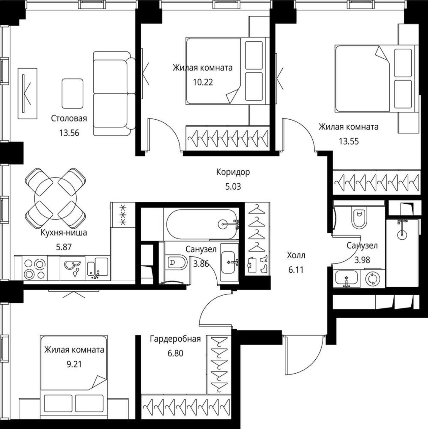 3-комнатная квартира с частичной отделкой, 78.19 м2, 32 этаж, сдача 3 квартал 2026 г., ЖК City Bay, корпус North Ocean 1 - объявление 2240625 - фото №1
