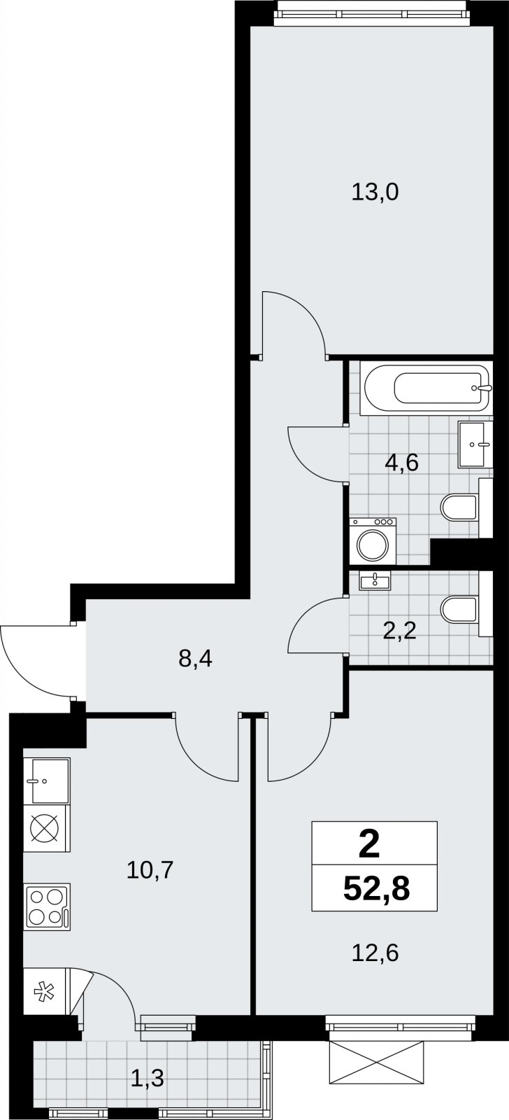 2-комнатная квартира без отделки, 52.8 м2, 4 этаж, сдача 2 квартал 2026 г., ЖК Бунинские кварталы, корпус 9.1 - объявление 2323658 - фото №1