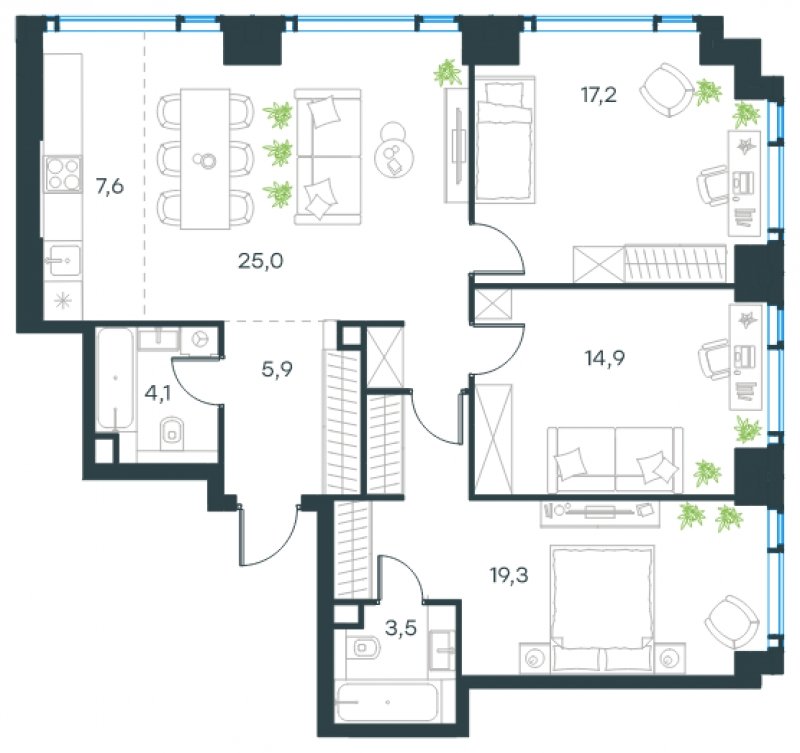 4-комнатная квартира (евро) без отделки, 97.5 м2, 48 этаж, сдача 2 квартал 2025 г., ЖК Level Мичуринский, корпус 1 - объявление 1776001 - фото №1