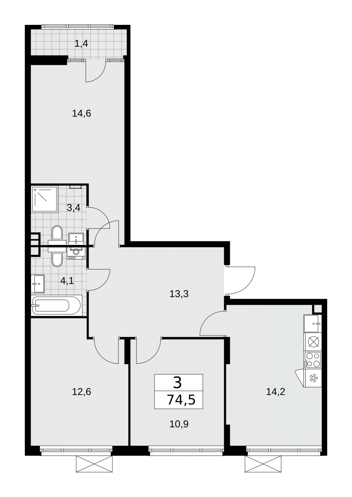 3-комнатная квартира с полной отделкой, 74.5 м2, 6 этаж, сдача 2 квартал 2026 г., ЖК Деснаречье, корпус 4.8 - объявление 2265108 - фото №1