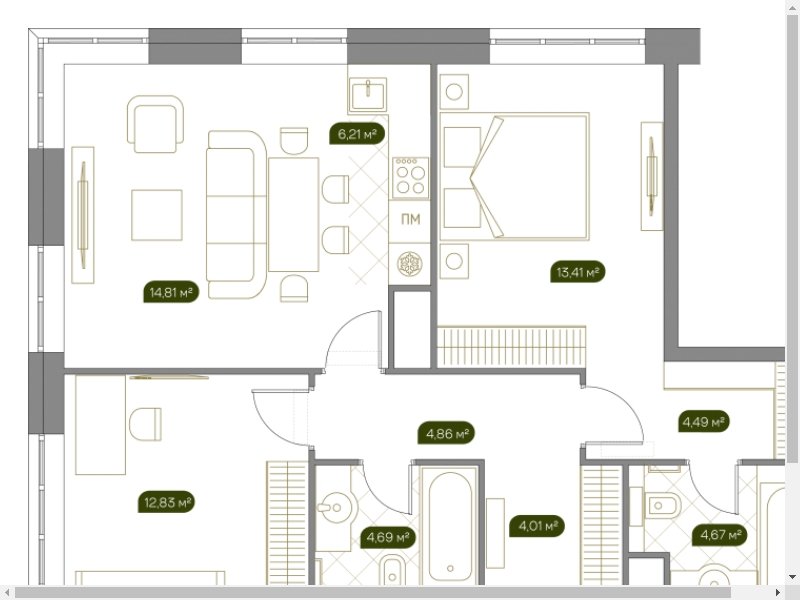 2-комнатная квартира с полной отделкой, 70.2 м2, 13 этаж, сдача 2 квартал 2023 г., ЖК West Garden, корпус Park line, корпус 16 - объявление 2108708 - фото №1