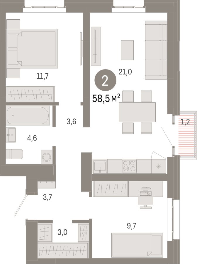 2-комнатная квартира с частичной отделкой, 58.5 м2, 13 этаж, сдача 3 квартал 2026 г., ЖК Квартал Метроном, корпус 1 - объявление 2372351 - фото №1