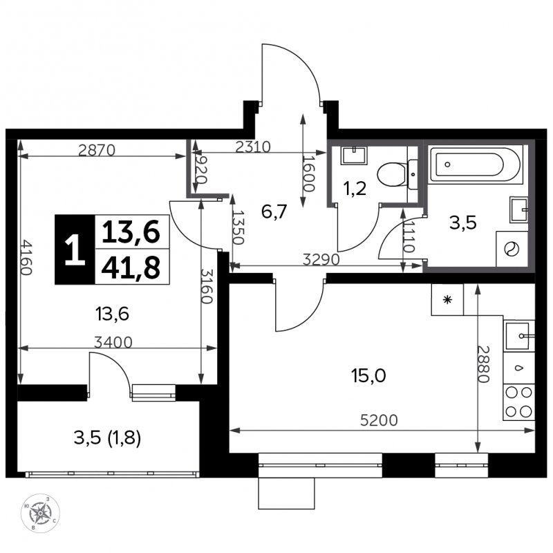 1-комнатная квартира с частичной отделкой, 41.8 м2, 7 этаж, сдача 3 квартал 2023 г., ЖК Южная Битца, корпус 11 - объявление 1972950 - фото №1