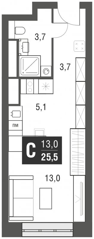 Студия с полной отделкой, 25.5 м2, 28 этаж, сдача 2 квартал 2024 г., ЖК AFI Tower, корпус 1 - объявление 2020722 - фото №1
