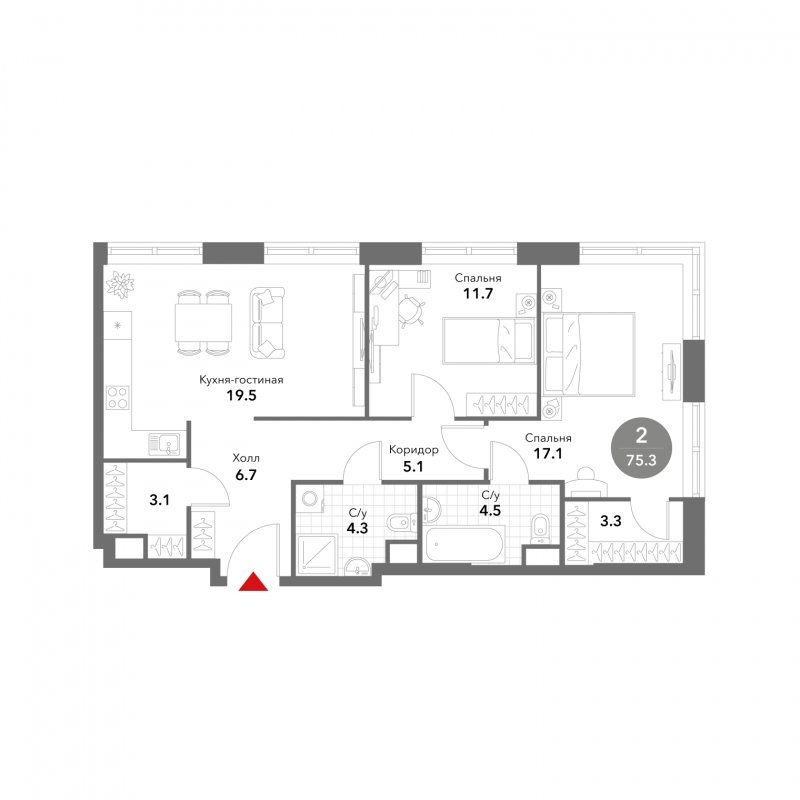 2-комнатная квартира без отделки, 75.3 м2, 10 этаж, сдача 3 квартал 2025 г., ЖК VOXHALL, корпус 2 - объявление 1787559 - фото №1