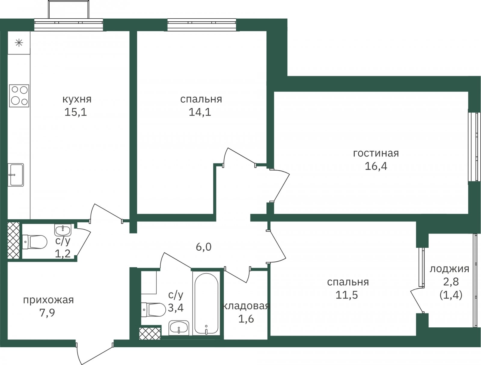 3-комнатная квартира с частичной отделкой, 79 м2, 12 этаж, сдача 1 квартал 2023 г., ЖК Зеленая Вертикаль, корпус 4 - объявление 2005974 - фото №1