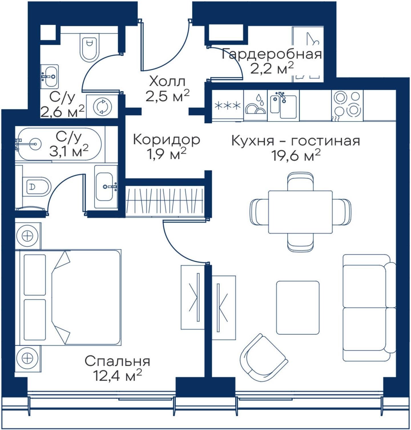 1-комнатная квартира с частичной отделкой, 44.3 м2, 16 этаж, сдача 3 квартал 2025 г., ЖК City Bay, корпус Atlantic Ocean 3 - объявление 2208959 - фото №1