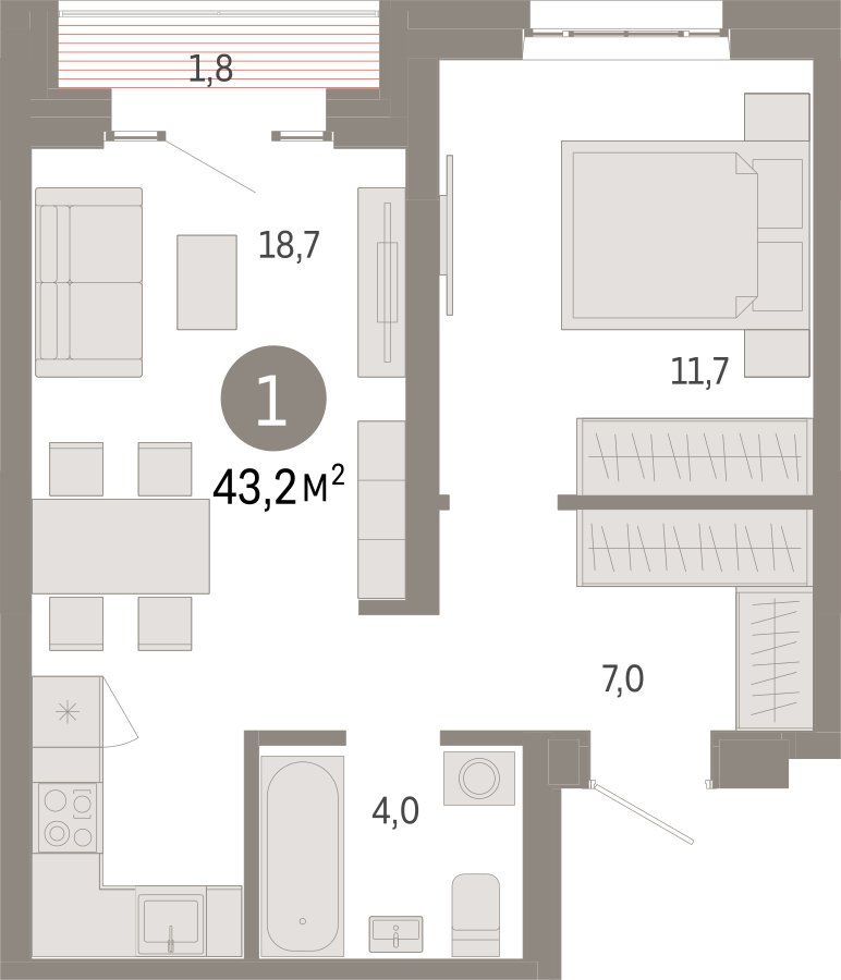 1-комнатная квартира с частичной отделкой, 43.2 м2, 12 этаж, сдача 3 квартал 2026 г., ЖК Квартал Метроном, корпус 1 - объявление 2372312 - фото №1