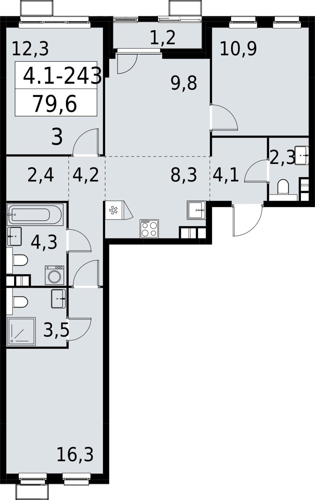 4-комнатная квартира (евро) с полной отделкой, 79.6 м2, 8 этаж, сдача 2 квартал 2027 г., ЖК Южные сады, корпус 4.1.2 - объявление 2392759 - фото №1