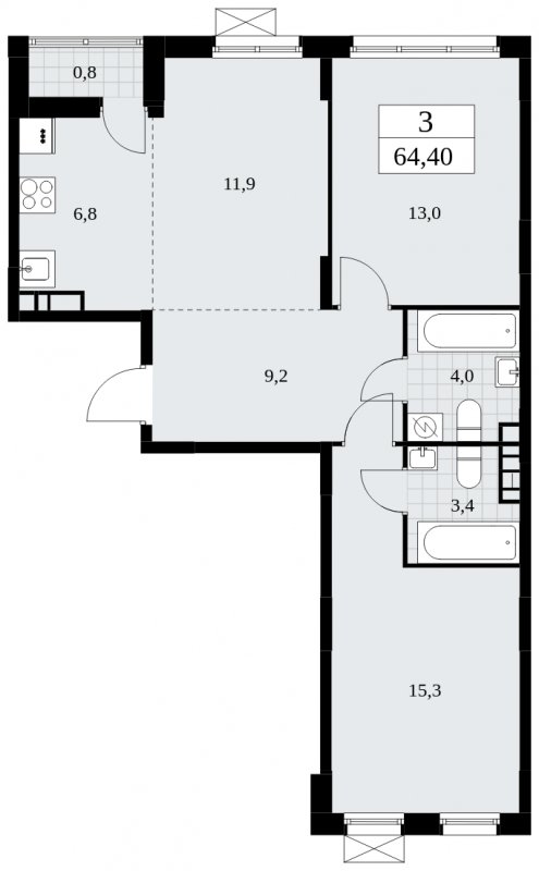 3-комнатная квартира (евро) без отделки, 64.4 м2, 5 этаж, сдача 1 квартал 2025 г., ЖК Дзен-кварталы, корпус 1.4 - объявление 1896131 - фото №1