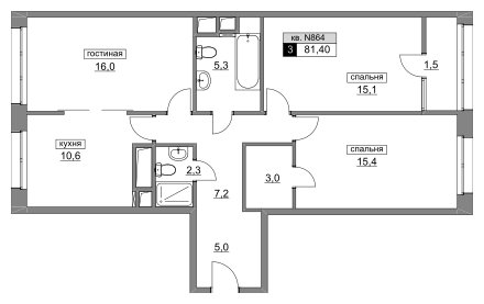 3-комнатная квартира без отделки, 81.4 м2, 5 этаж, сдача 4 квартал 2022 г., ЖК Румянцево-Парк, корпус 3 - объявление 1187688 - фото №1