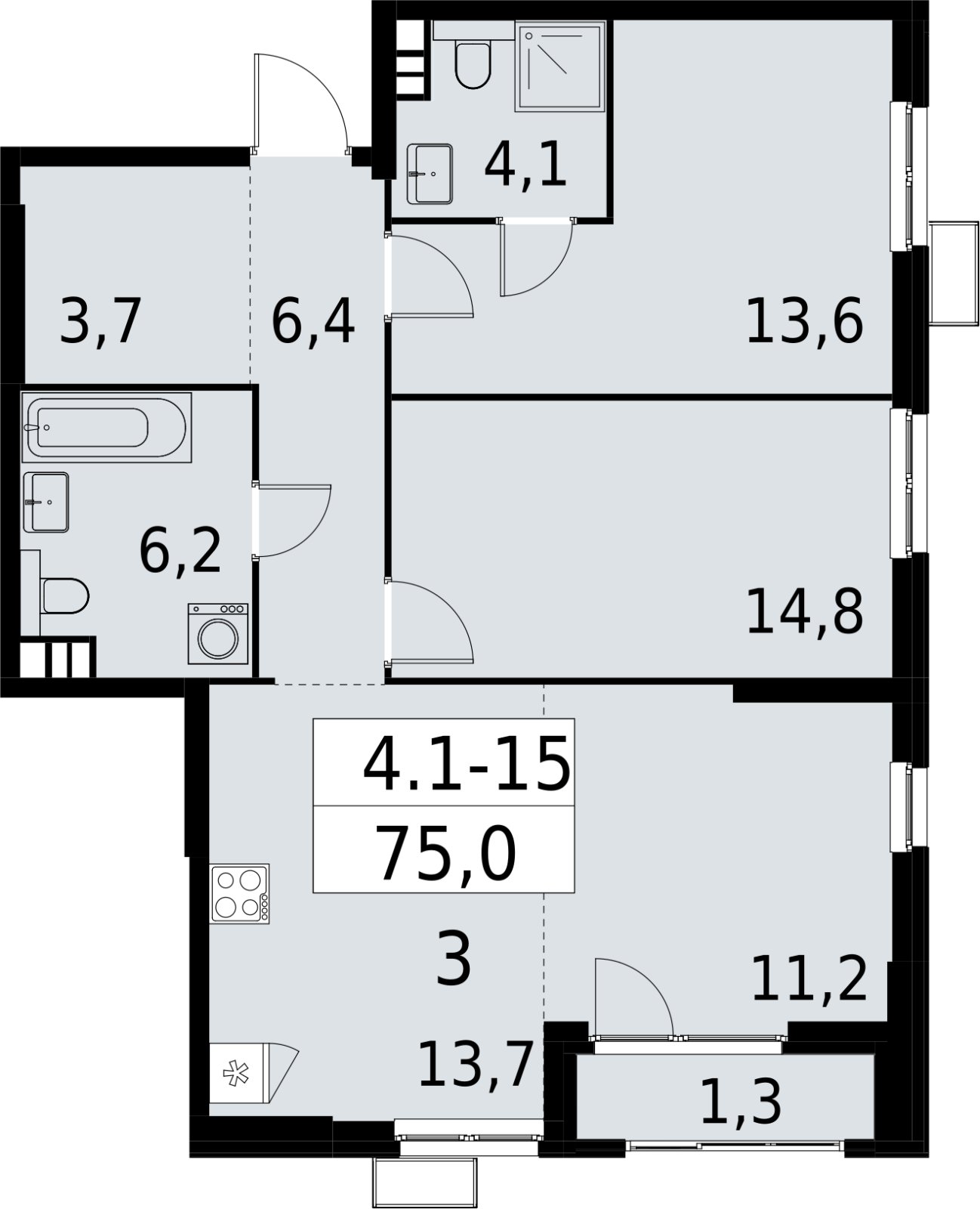 3-комнатная квартира (евро) с полной отделкой, 75 м2, 4 этаж, сдача 2 квартал 2027 г., ЖК Южные сады, корпус 4.1.1 - объявление 2392556 - фото №1