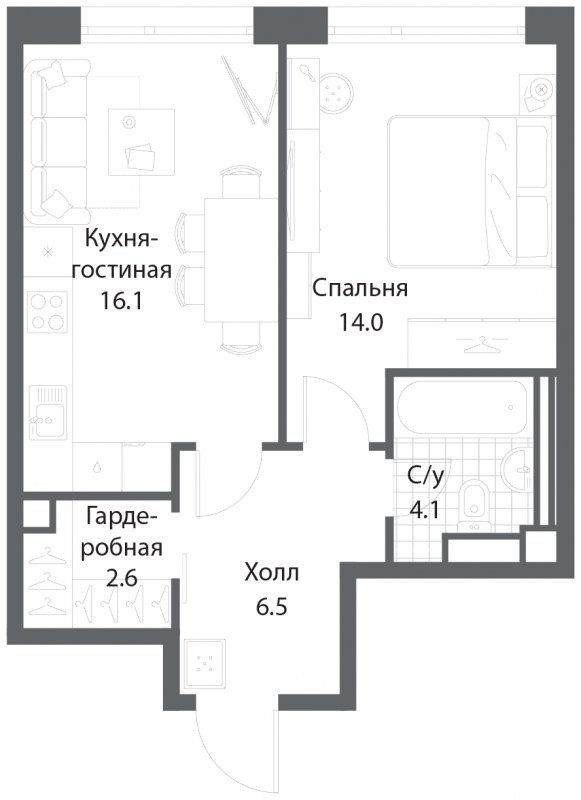 1-комнатная квартира без отделки, 43.3 м2, 18 этаж, сдача 3 квартал 2025 г., ЖК Nagatino i-Land, корпус 2 (3 очередь) - объявление 1786046 - фото №1