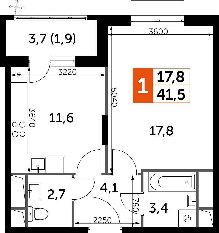 1-комнатная квартира без отделки, 41.4 м2, 3 этаж, дом сдан, ЖК UP-квартал Римский, корпус 7 - объявление 2353911 - фото №1
