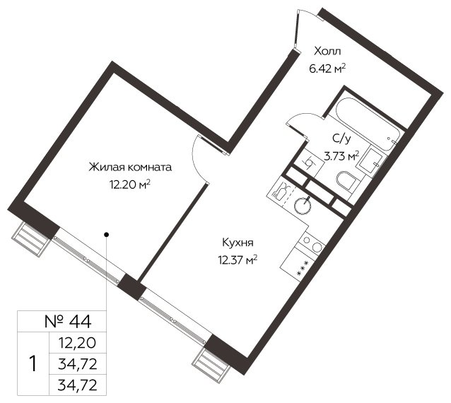 1-комнатная квартира с полной отделкой, 34.72 м2, 3 этаж, сдача 3 квартал 2024 г., ЖК МелисСад, корпус 1 - объявление 2127306 - фото №1