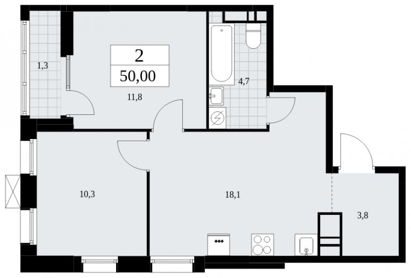 2-комнатная квартира без отделки, 50 м2, 18 этаж, сдача 2 квартал 2025 г., ЖК Дзен-кварталы, корпус 2.3 - объявление 1932676 - фото №1