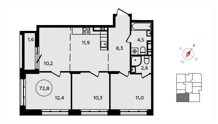 4-комнатная квартира (евро) с полной отделкой, 72.8 м2, 10 этаж, сдача 3 квартал 2024 г., ЖК Скандинавия, корпус 22.5 - объявление 1625822 - фото №1