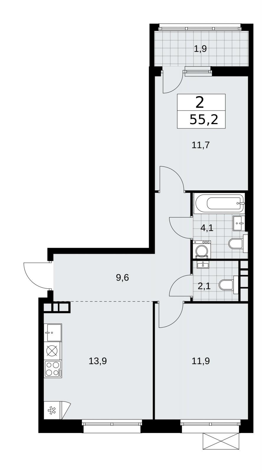 2-комнатная квартира с частичной отделкой, 55.2 м2, 5 этаж, сдача 2 квартал 2026 г., ЖК Дзен-кварталы, корпус 4.1 - объявление 2251449 - фото №1