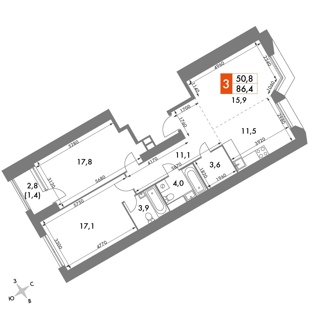3-комнатная квартира с частичной отделкой, 86.4 м2, 3 этаж, дом сдан, ЖК Архитектор, корпус 3 - объявление 2348178 - фото №1