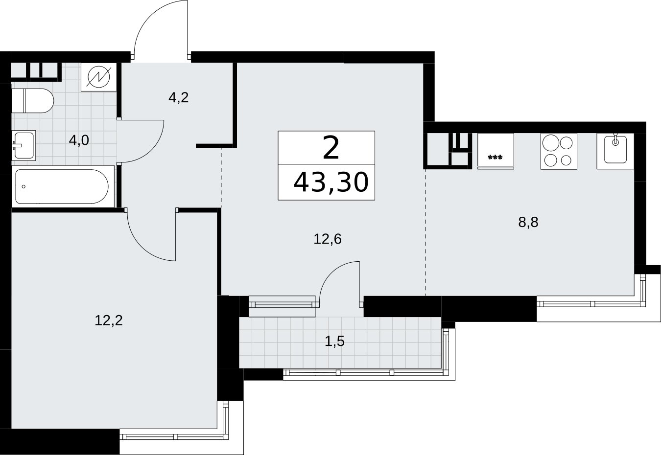 2-комнатная квартира (евро) без отделки, 43.3 м2, 8 этаж, сдача 3 квартал 2026 г., ЖК Родные кварталы, корпус 3.5 - объявление 2378731 - фото №1
