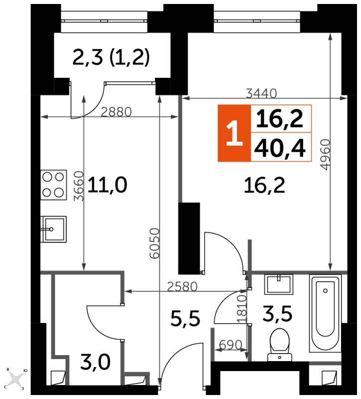 1-комнатная квартира с частичной отделкой, 40.4 м2, 2 этаж, сдача 1 квартал 2023 г., ЖК Sydney City, корпус 3 - объявление 1569049 - фото №1