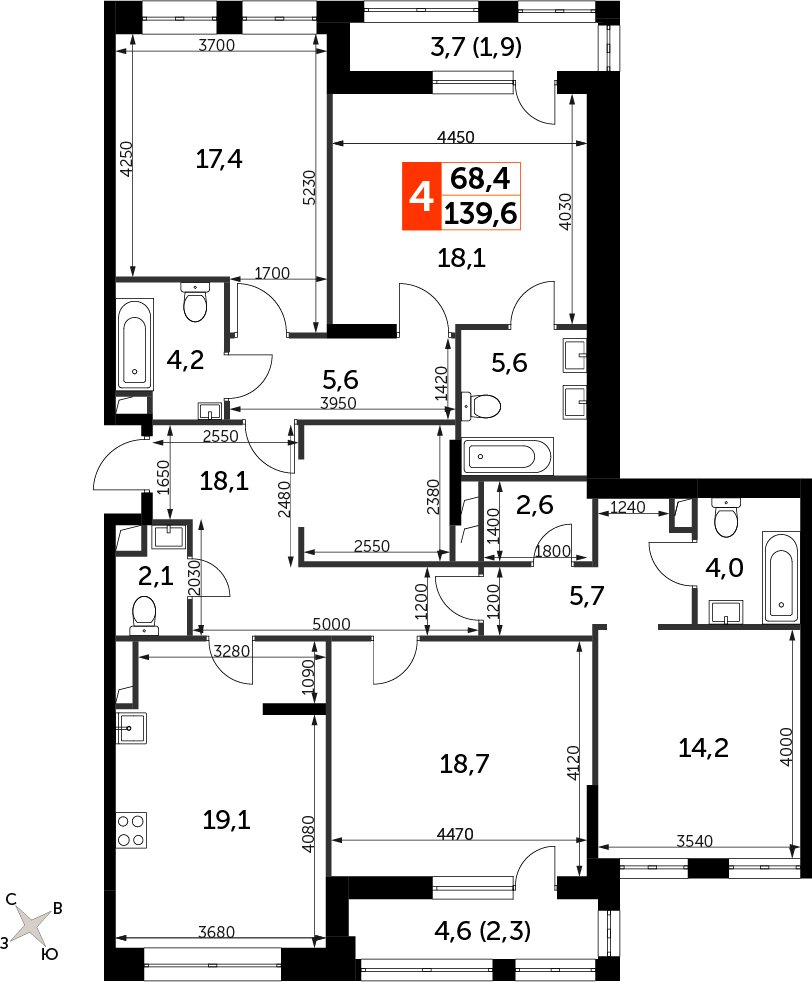4-комнатная квартира с частичной отделкой, 139.6 м2, 17 этаж, сдача 3 квартал 2024 г., ЖК Sydney City, корпус 2.1 - объявление 2398589 - фото №1