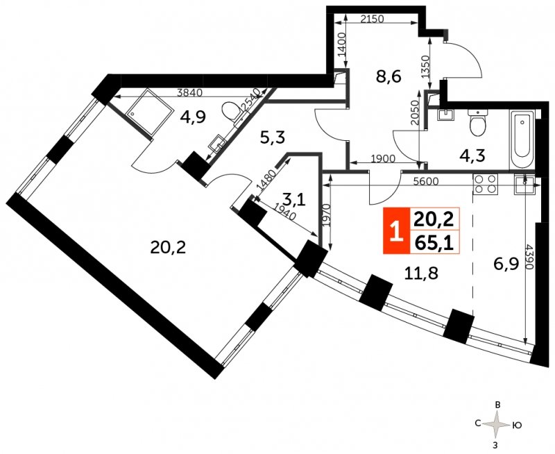 1-комнатная квартира с частичной отделкой, 65.1 м2, 2 этаж, сдача 3 квартал 2024 г., ЖК Sydney City, корпус 2.2 - объявление 1612546 - фото №1