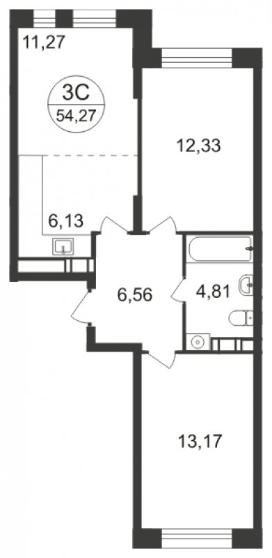 3-комнатная квартира с полной отделкой, 54.27 м2, 10 этаж, сдача 3 квартал 2023 г., ЖК Люберцы, корпус 66 - объявление 1566305 - фото №1