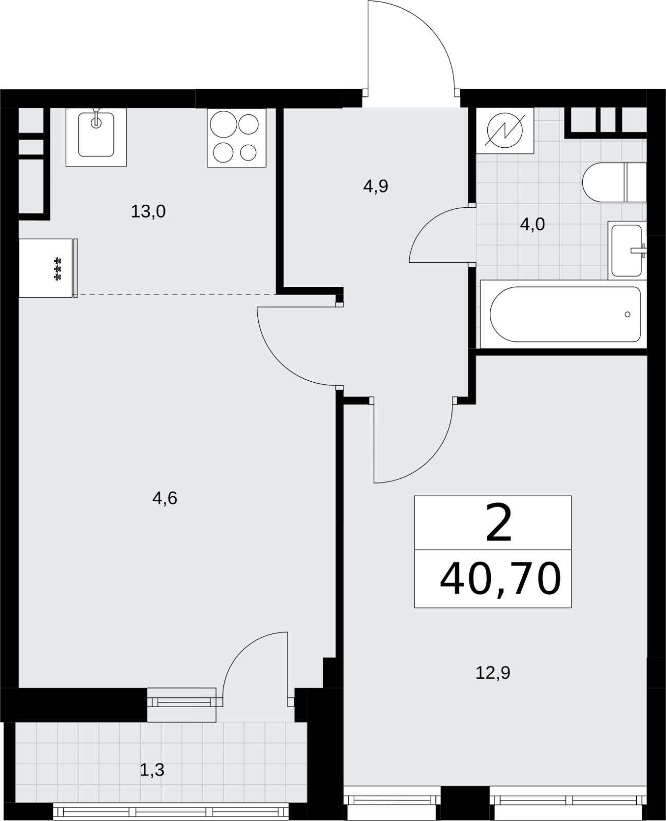 2-комнатная квартира (евро) без отделки, 40.7 м2, 7 этаж, сдача 3 квартал 2026 г., ЖК Родные кварталы, корпус 3.1 - объявление 2378292 - фото №1