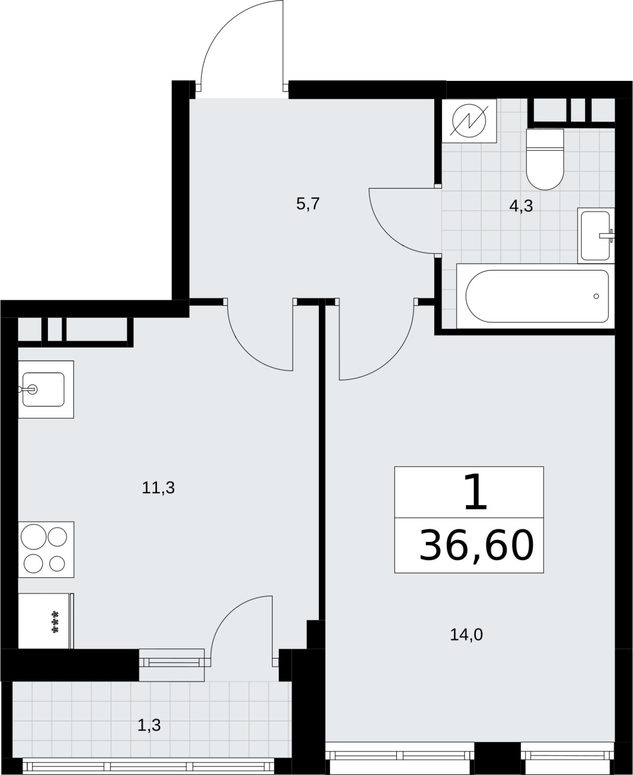 1-комнатная квартира без отделки, 36.6 м2, 10 этаж, сдача 3 квартал 2026 г., ЖК Родные кварталы, корпус 3.1 - объявление 2378260 - фото №1