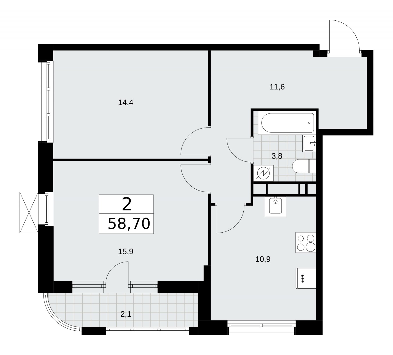 2-комнатная квартира без отделки, 58.7 м2, 13 этаж, сдача 3 квартал 2025 г., ЖК Скандинавия, корпус 28.2 - объявление 2202409 - фото №1