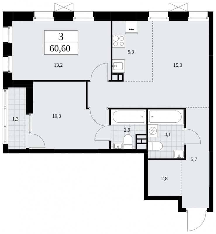 3-комнатная квартира (евро) без отделки, 60.6 м2, 3 этаж, сдача 2 квартал 2025 г., ЖК Дзен-кварталы, корпус 2.3 - объявление 1932512 - фото №1