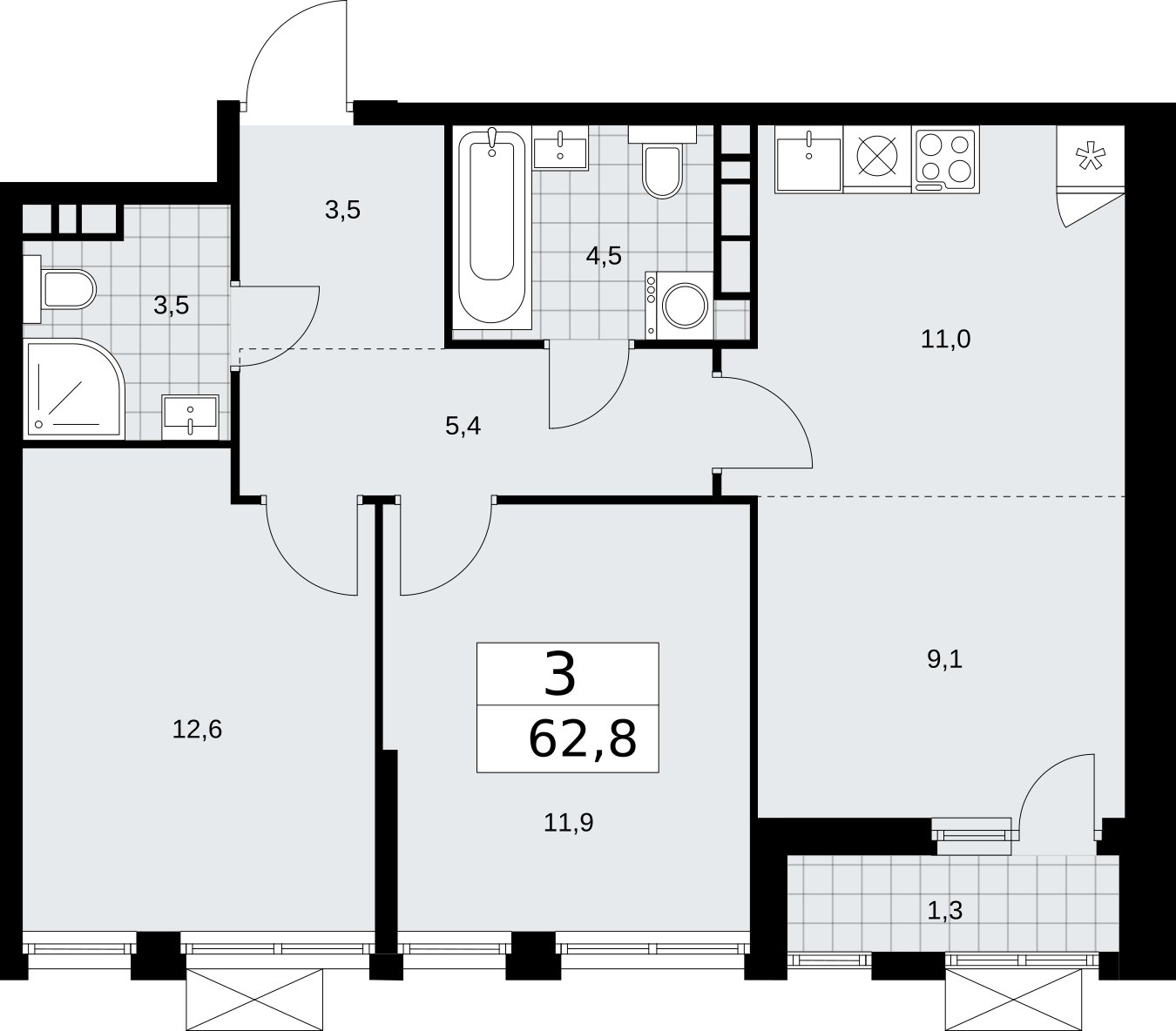 3-комнатная квартира (евро) с частичной отделкой, 62.8 м2, 8 этаж, сдача 2 квартал 2026 г., ЖК Бунинские кварталы, корпус 5.1 - объявление 2297130 - фото №1