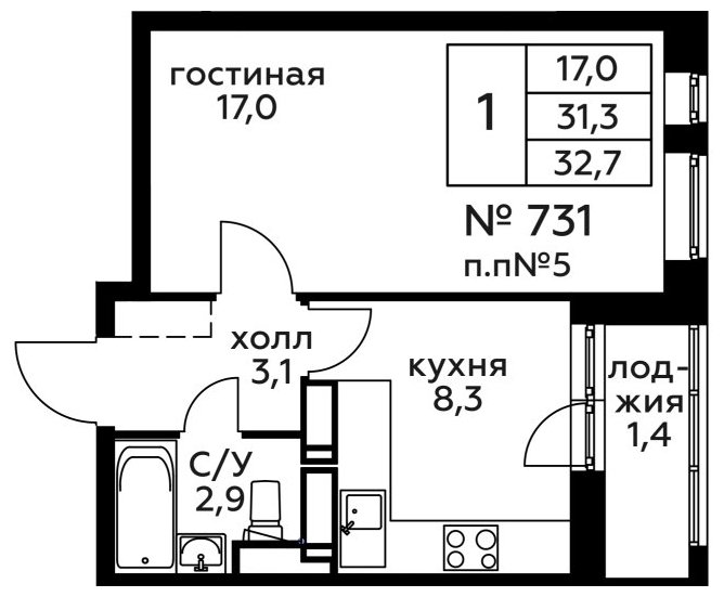 1-комнатная квартира без отделки, 32.7 м2, 10 этаж, сдача 2 квартал 2022 г., ЖК Новоград Павлино, корпус 18 - объявление 1696146 - фото №1