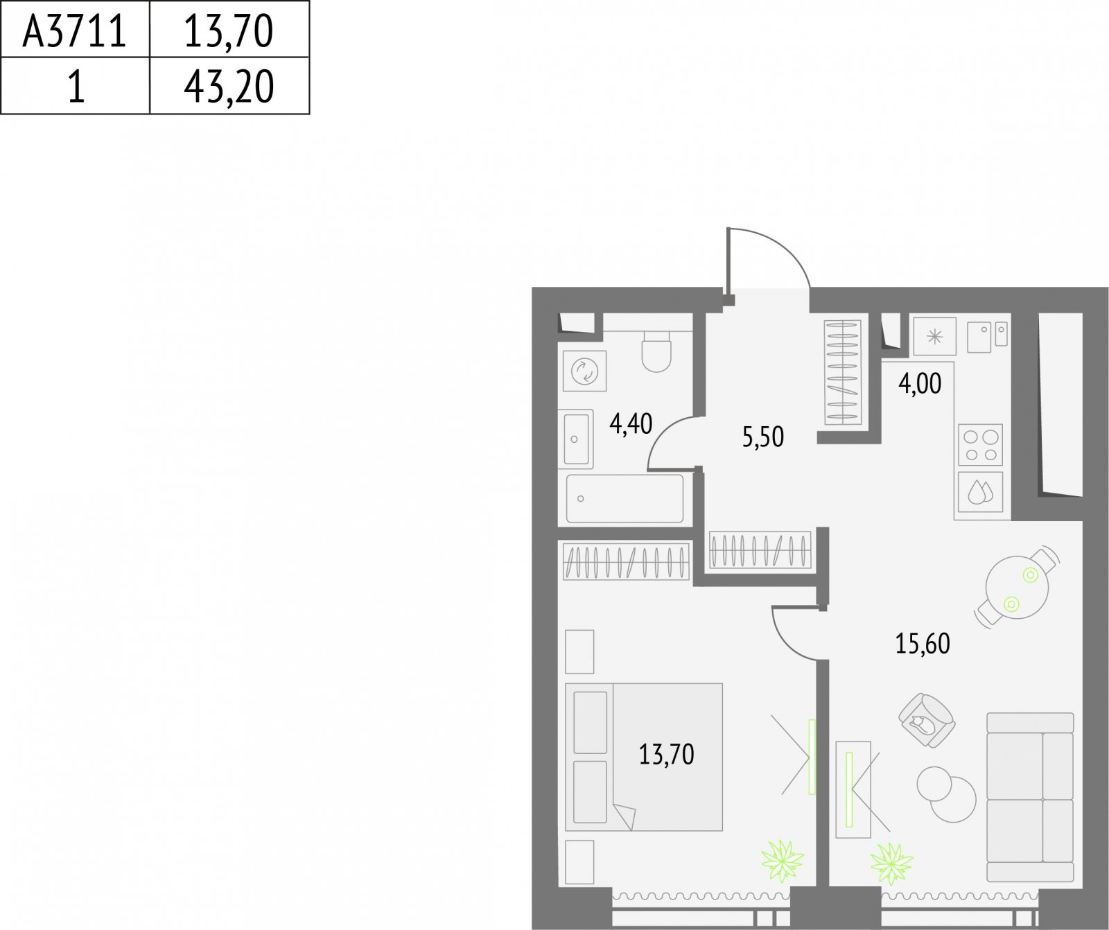 1-комнатная квартира без отделки, 43.2 м2, 44 этаж, сдача 2 квартал 2026 г., ЖК Upside Towers, корпус 1 - объявление 2133235 - фото №1